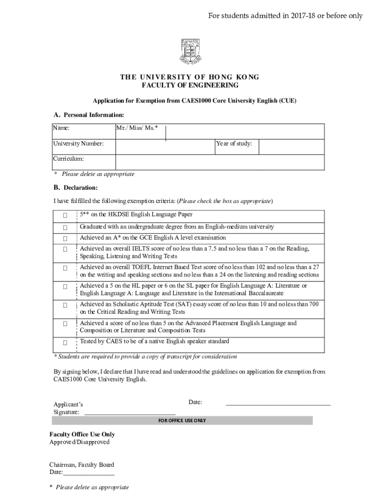  Exemption from CUE Application Form 2017-2024