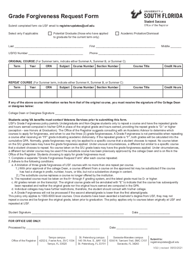 Grade Forgiveness Request Form University of South Florida