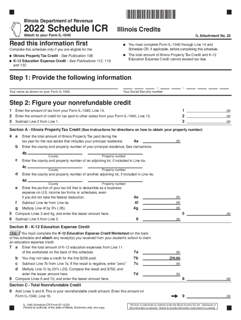  IL IL 1040 Schedule ICR Form 2022