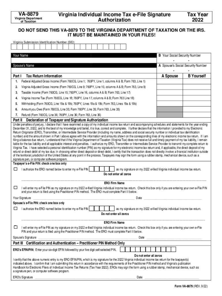  Form VA 8879 Virginia Department of Taxation Tax Virginia Fill 2022