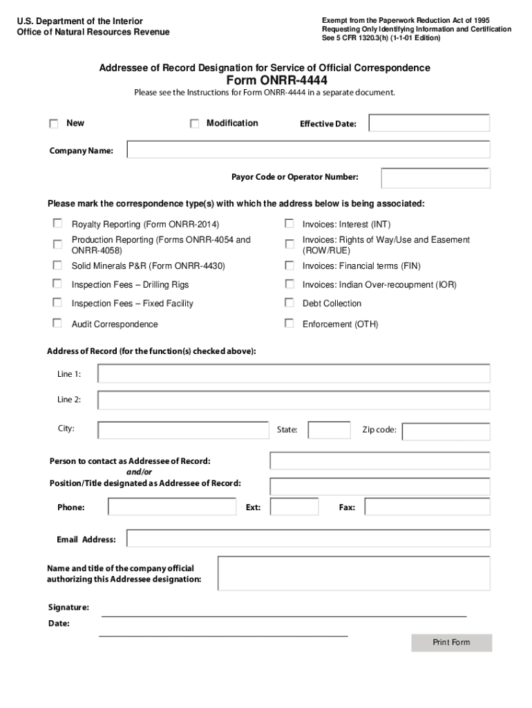  Form ONRR 4444, Addressee of Record Designation Fro Service of 2023-2024