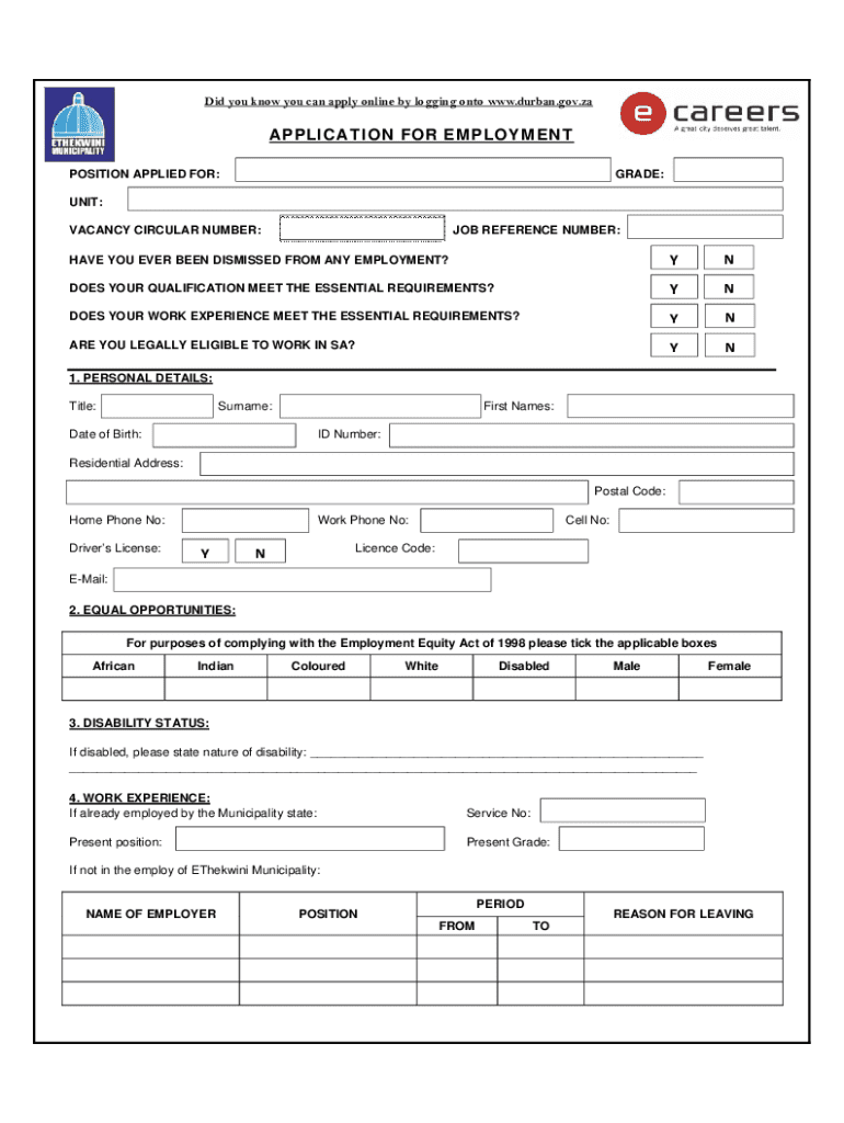  South Africa Employment Application Form 2018-2026
