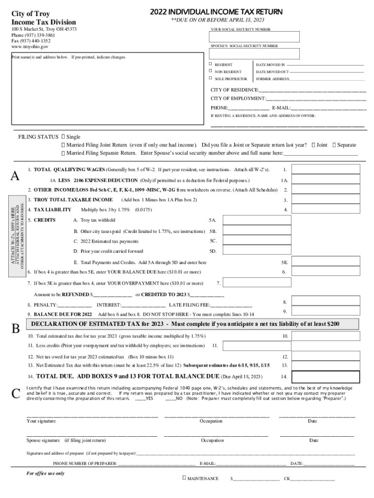  INDIVIDUAL INCOME TAX RETURN City of Troy Income Tax 2022