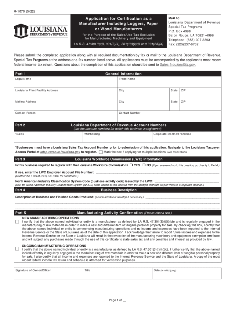  Form R 1070 &amp;quot;Application for Certification as a Manufacturer Including 2022-2024