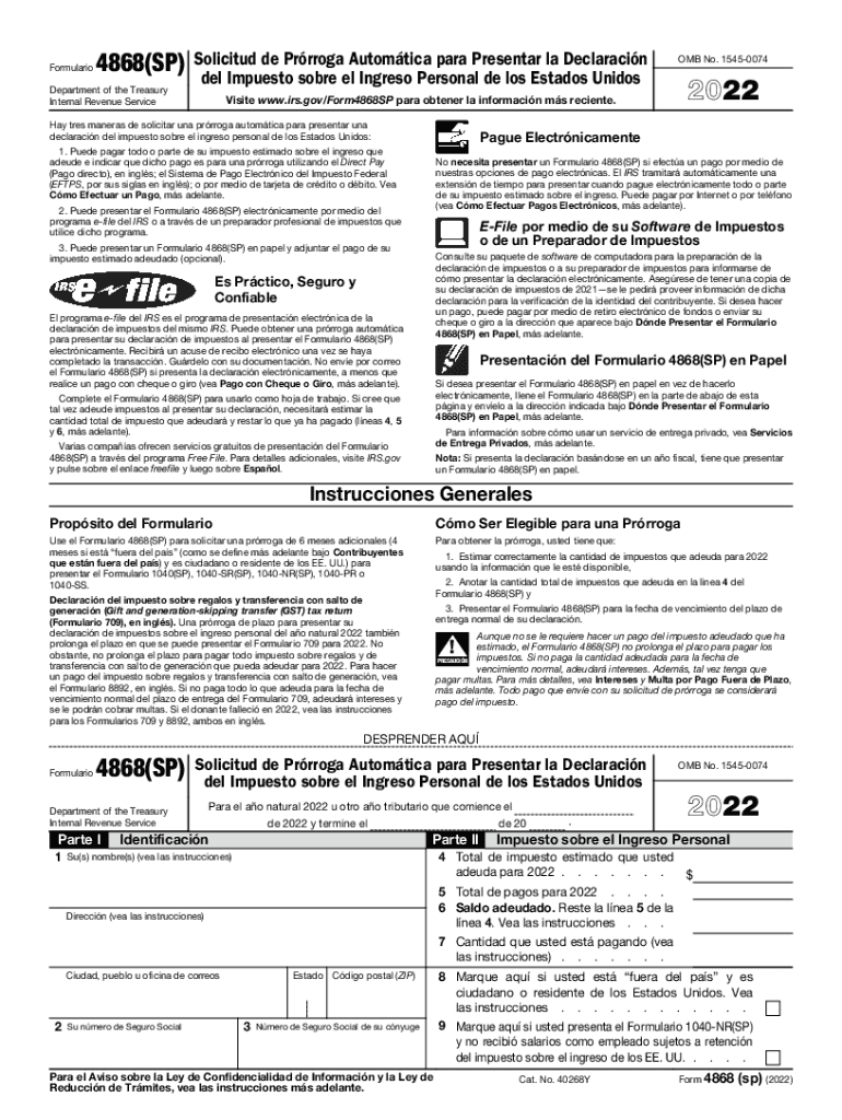 Form 4868SP Application for Automatic Extension of Time to File U S Individual Income Tax Return Spanish Version