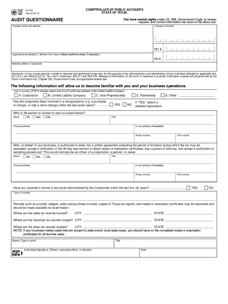 Audit Questionnaire Form 00 750 Audit Questionnaire