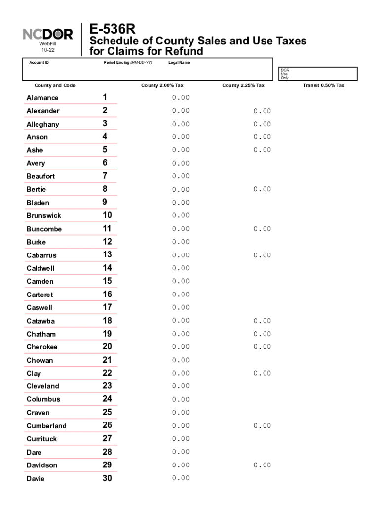  Form E 536R Fillable Schedule of County Sales and Use Taxes for Claims 2022-2024