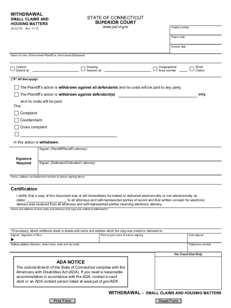  Forms Justia ComconnecticutstatewideJustia Withdrawal Small Claims and Housing Matters 2015-2024