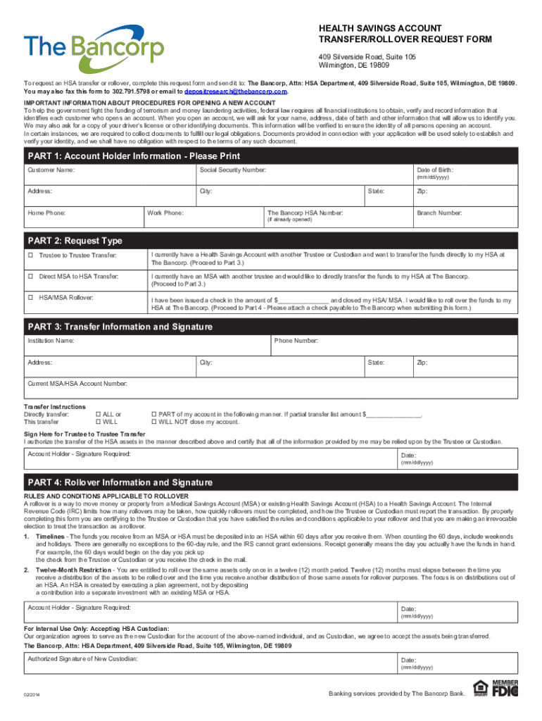 HEALTH SAVINGS ACCOUNT TRANSFERROLLOVER REQUEST  Form