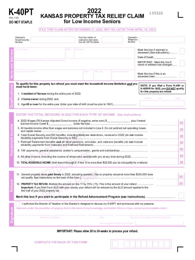  Form K 40PT &amp;quot;Kansas Property Tax Relief Claim for Low Income Seniors 2022-2024