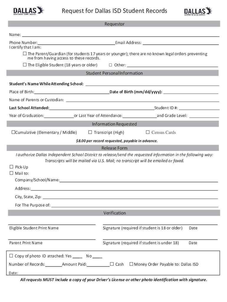 Record Requests Transcript Requests Dallas Independent School District  Form