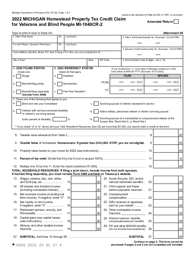  Michigan Homestead Property Tax Credit Claim for Veterans 2022