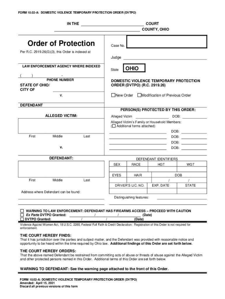  Form 10 02 a Domestic Violence Temporary Protection Order DVTPO 2021-2024