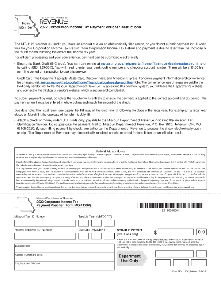  MO 1120V Corporation Income Tax Payment Voucher Instructions 2022