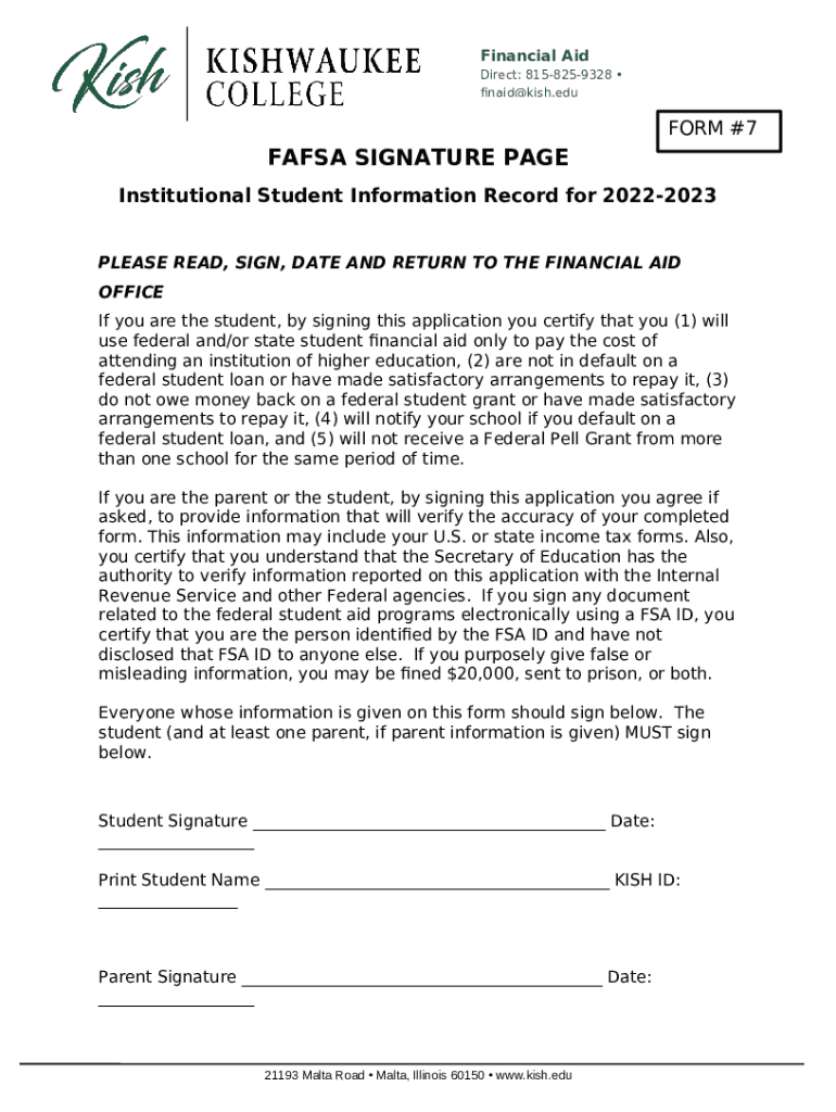  FAFSA Signature Sheet Institutional Student Information 2022-2024