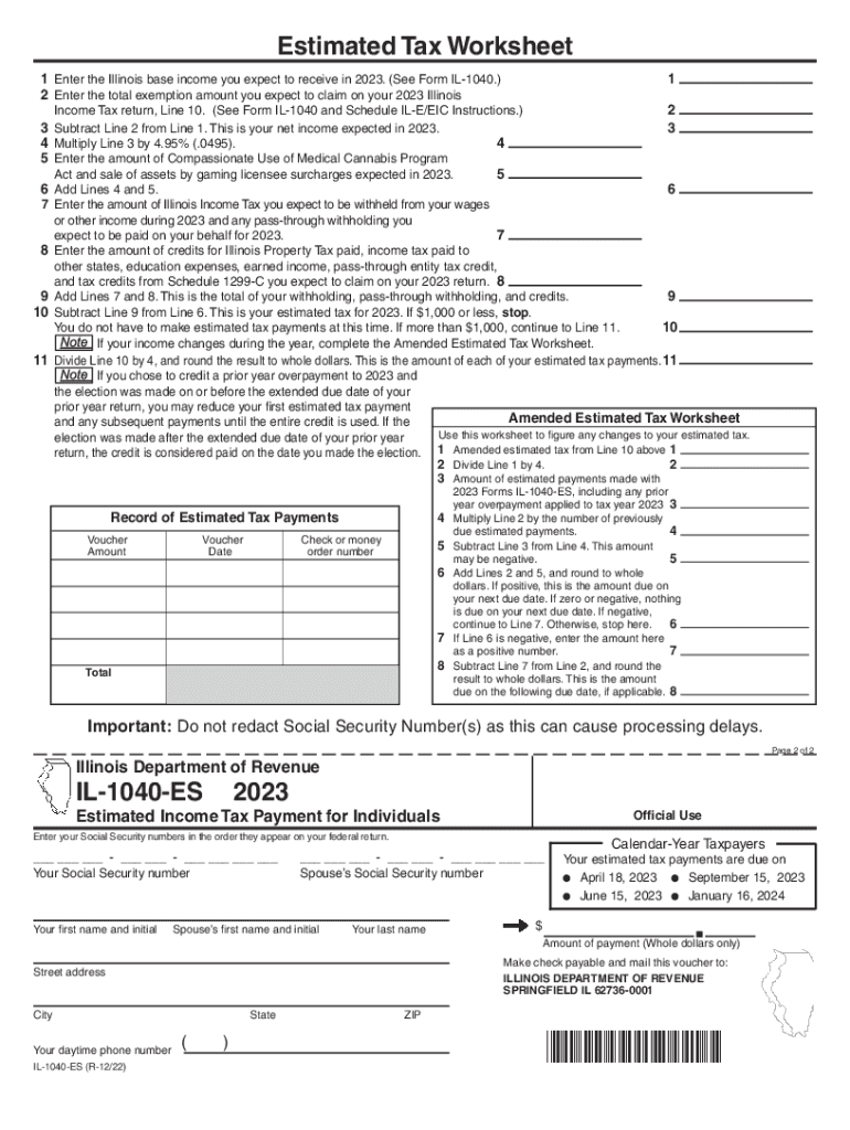 IL 1040 ES Estimated Income Tax Payment for Individuals  Form
