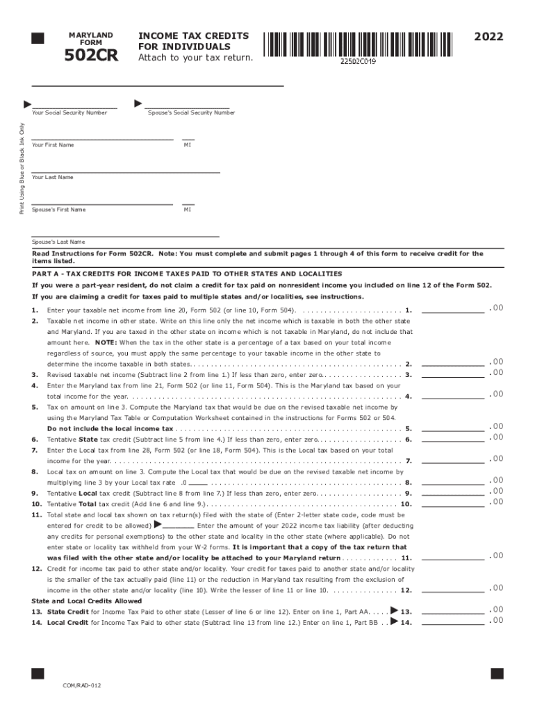  MARYLAND FORM Please Print Using Blue or Black Ink 502CR INCOME TAX 2022