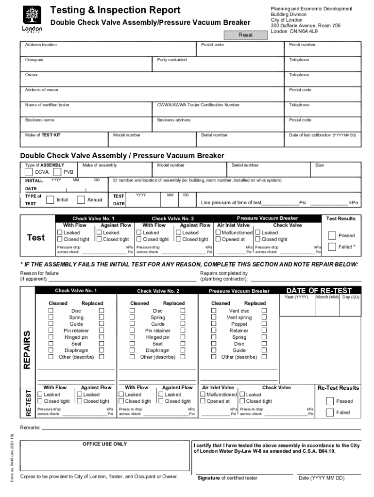 Testing and Inspection Report, Form No 0446 City of London