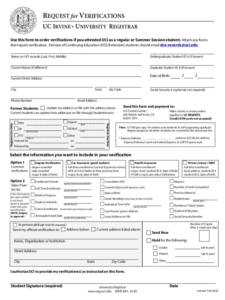 Fill REQUEST for VERIFICATIONS University of California, Irvine  Form