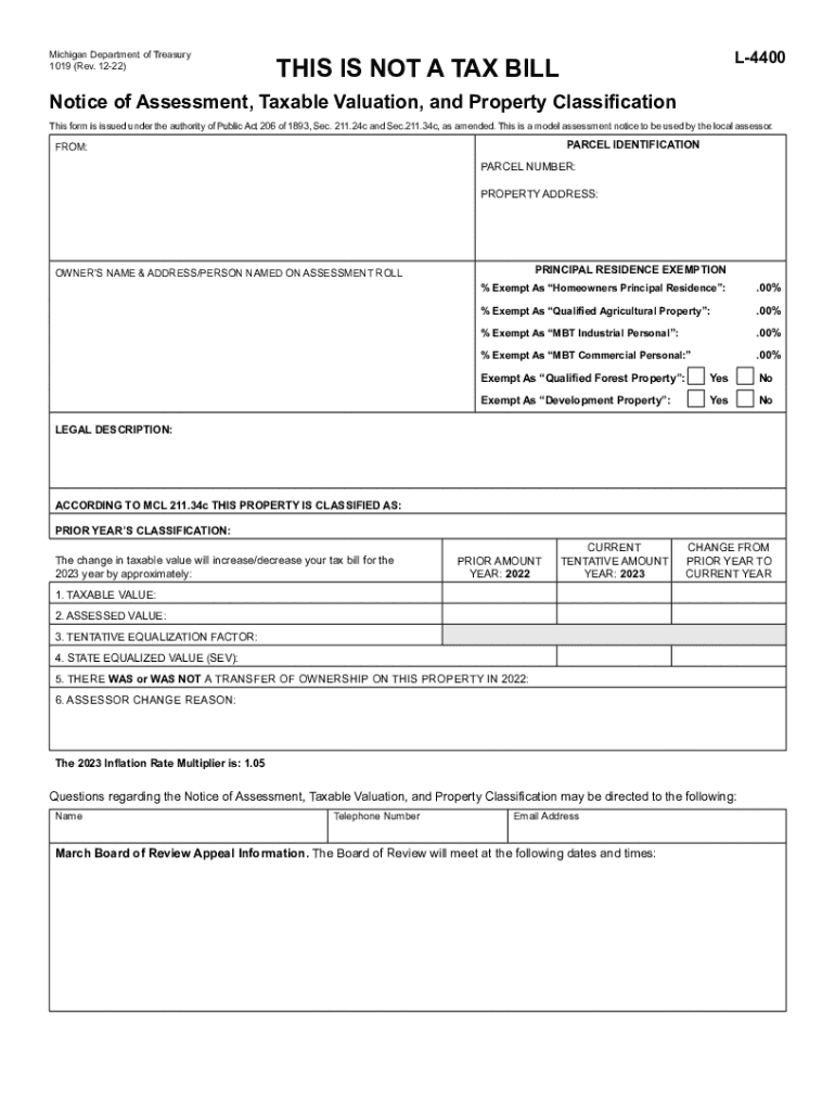  1019, Notice of Assessment, Taxable Valuation, and Property 2022-2024