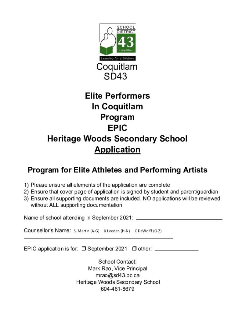 Elite Performers in Coquitlam Program EPIC Secondary School Information