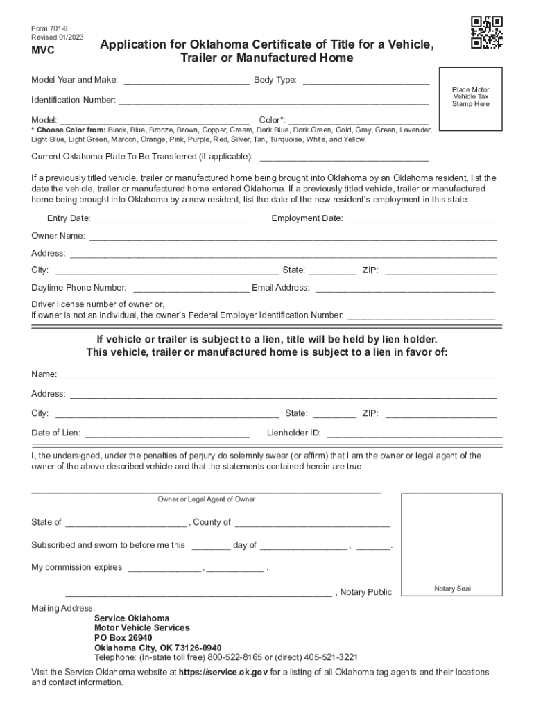  Form 701 6 Application for Oklahoma Certificate of Title for a Vehicle, Trailer or Manufactured Home 2023-2024