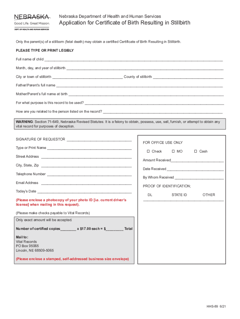 Application for Certificate of Birth Resulting in Stillbirth Nebraska  Form