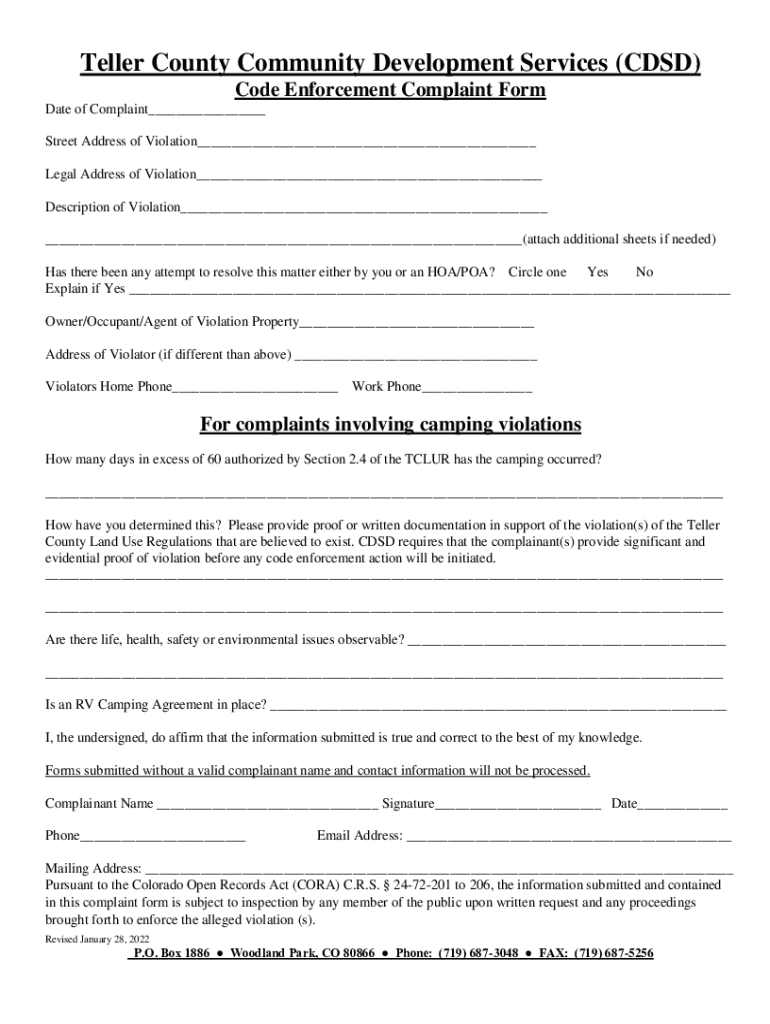 Get Teller County Code Enforcement Complaint Form US Legal Forms