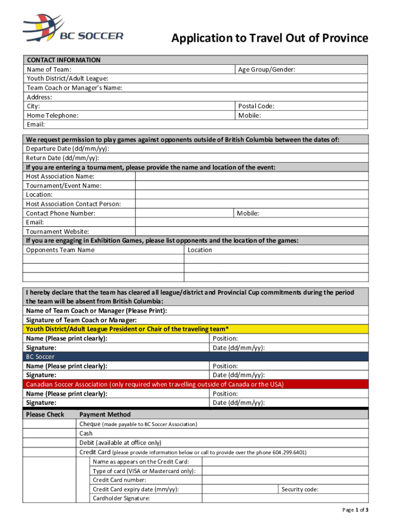  Fillable Online Application to Travel Out of Province Bcsoccer Net 2021