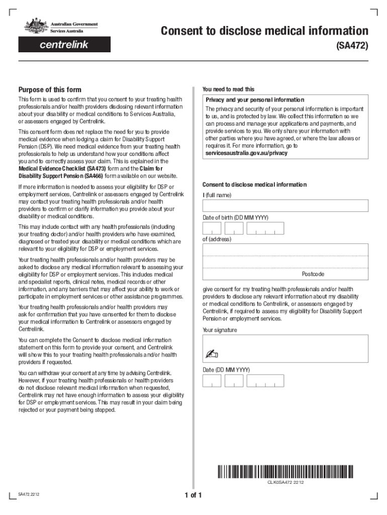  Consent to Disclose Medical Information SA472 2024