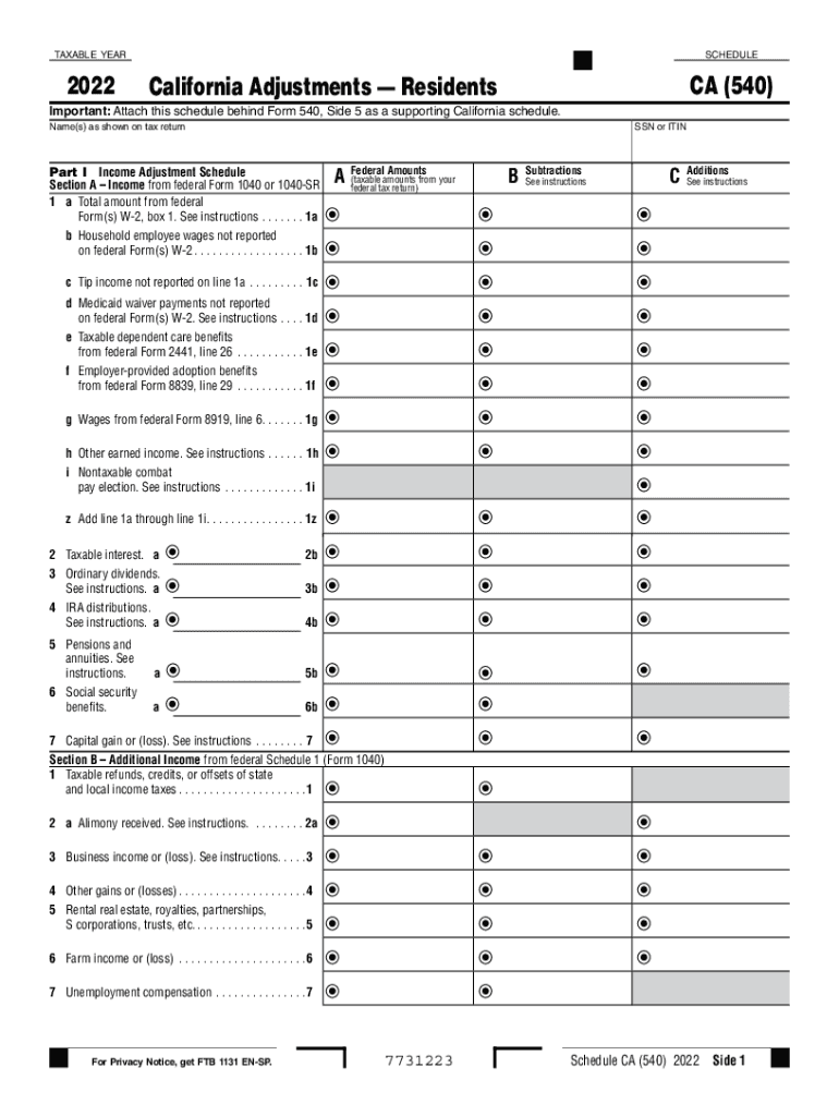  Schedule CA 540 California Adjustments Residents Schedule CA 540 California Adjustments Residents 2022-2024