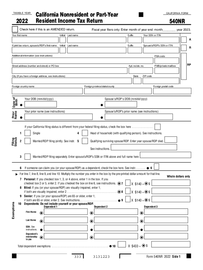  Form 540NR California Nonresident or Part Year Resident Income Tax Return Form 540NR California Nonresident or Part Year Residen 2022-2024
