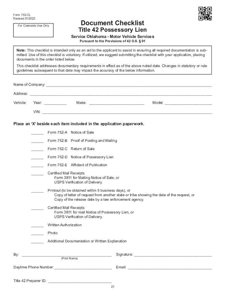  Packet 752 Title 42 Possessory Lien Procedures on Vehicles, Manufactured Homes, Commercial Trailers, Boat and Outboard Motors Pa 2023-2024