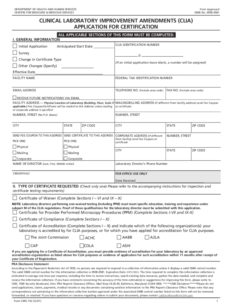  Clinical Laboratory Improvement Amendments CLIA Application for 2021-2024