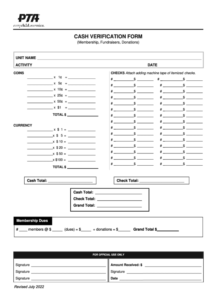 Pta Cash Verification  Form