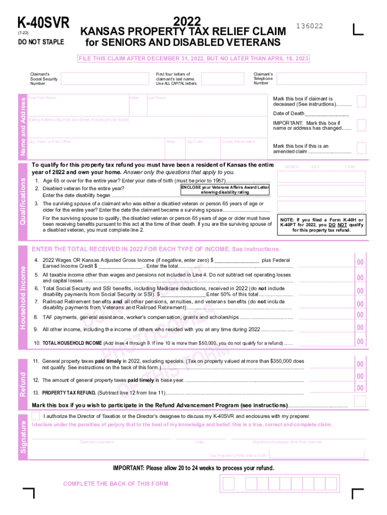 K 40SVR Property Tax Relief Claim for Seniors and Disabled  Form