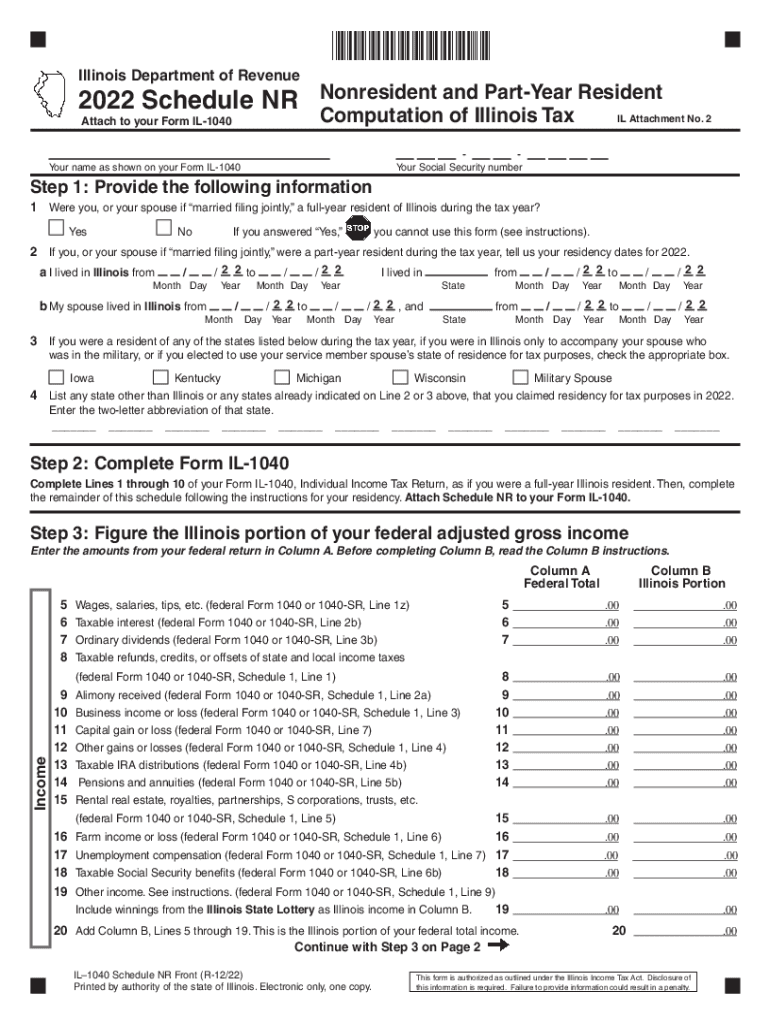  Schedule NR, Nonresident and PartYear Resident Computation of Illinois Tax 2022