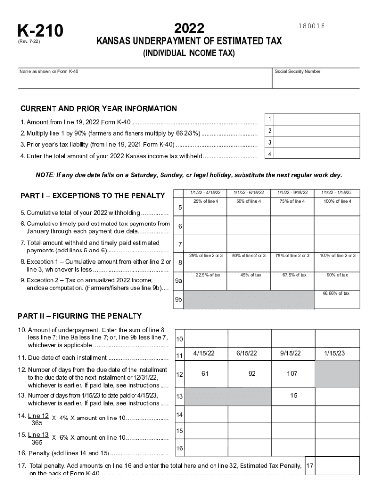  K 210 Underpayment of Individual Estimated Tax Rev 7 22 If You Are an Individual Taxpayer Including Farmer or Fisher, Use This S 2022-2024