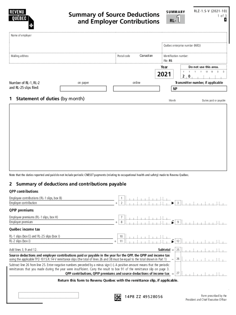  RL 1 SummarySummary of Source Deductions and 2021