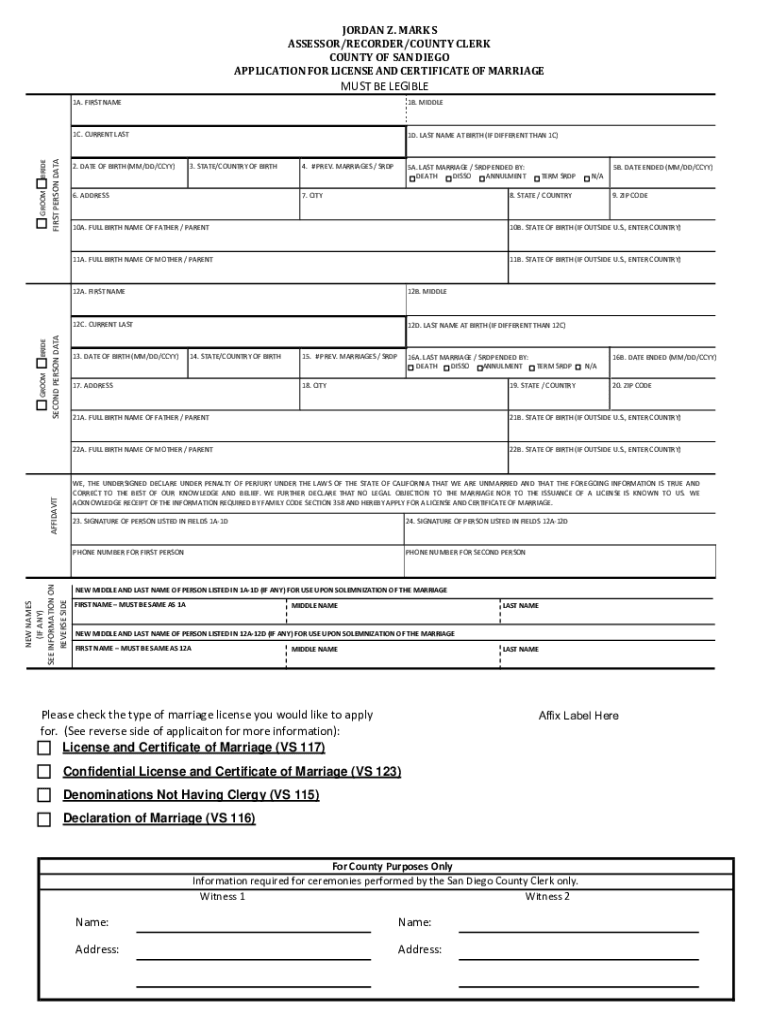  CA Application for License and Certificate of Marriage San Diego City Form 2016-2024