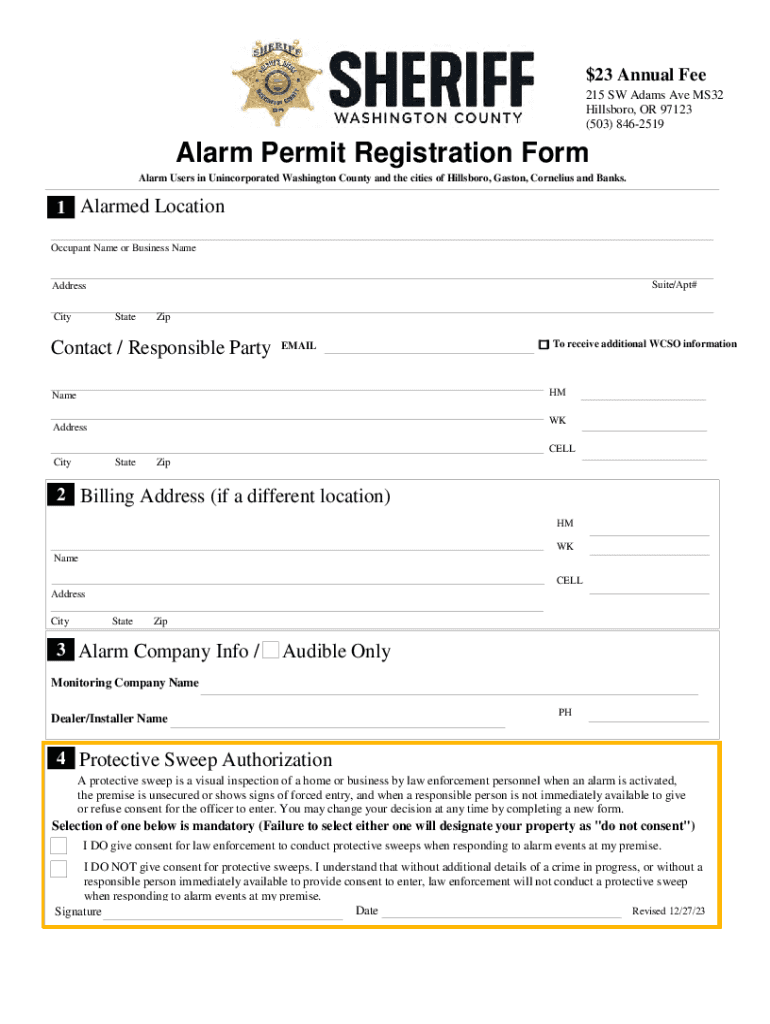 Alarm Permit Registration Form Washington County, or