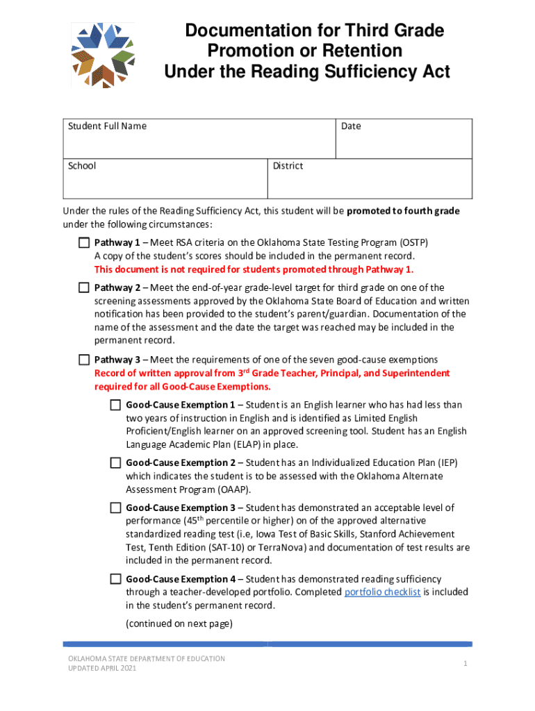 Documentation for Third Grade Promotion or Retenti  Form