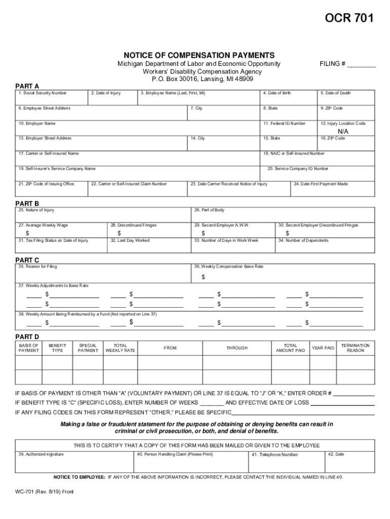 Form WC 701 State of Michigan