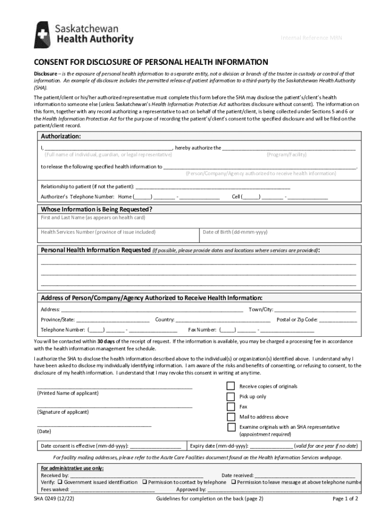 SHA 0249 Consent for Disclosure of Personal Health Information