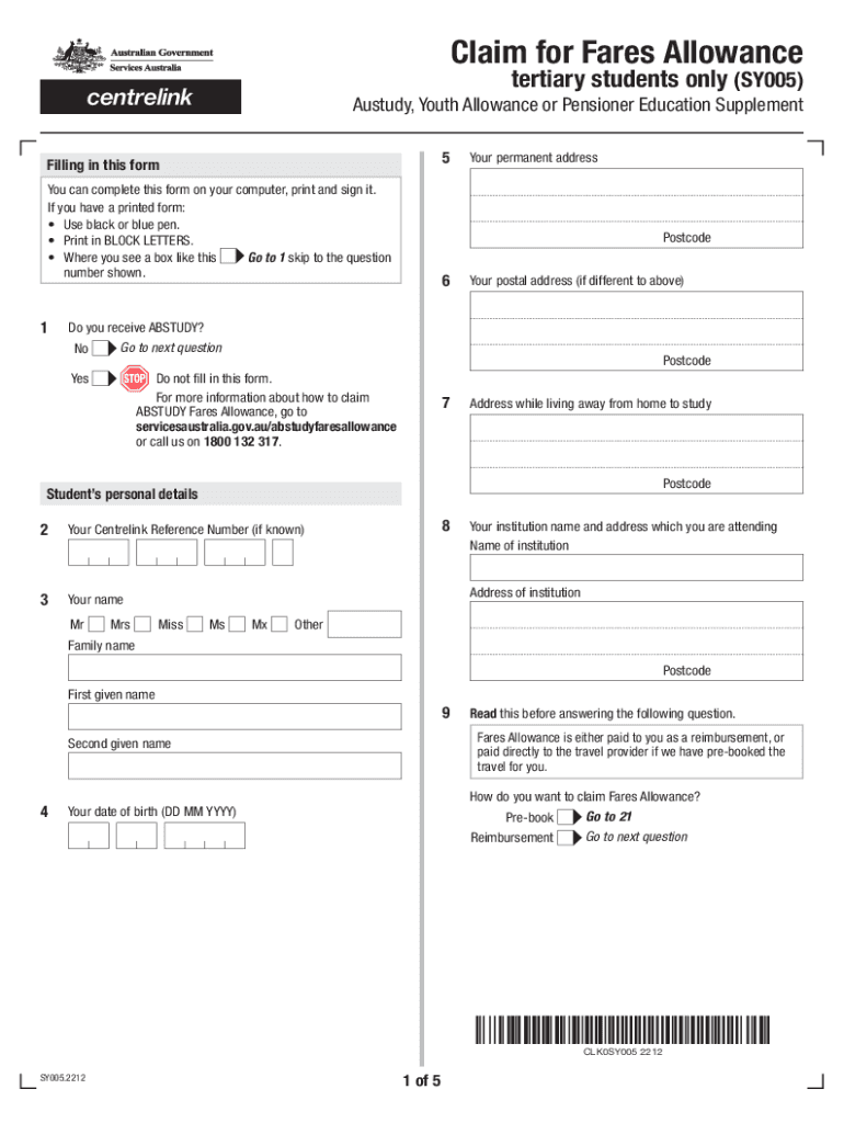 Claim for Fares Allowance  Form