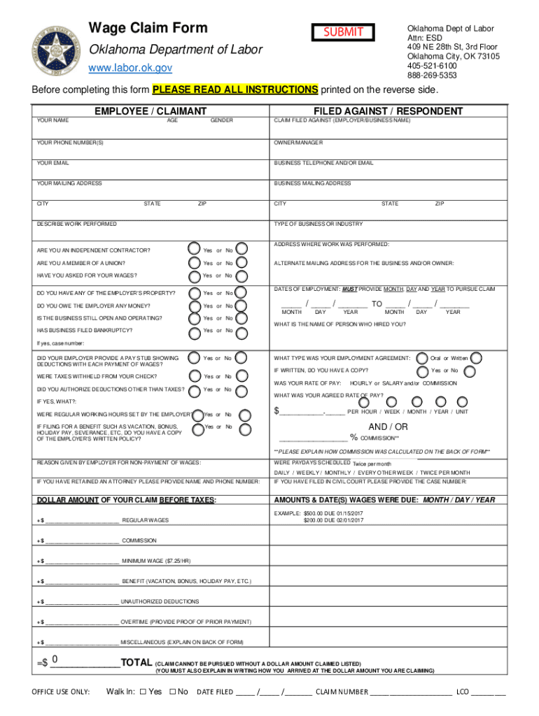  Oklahoma Wage Claim Form 2022-2024