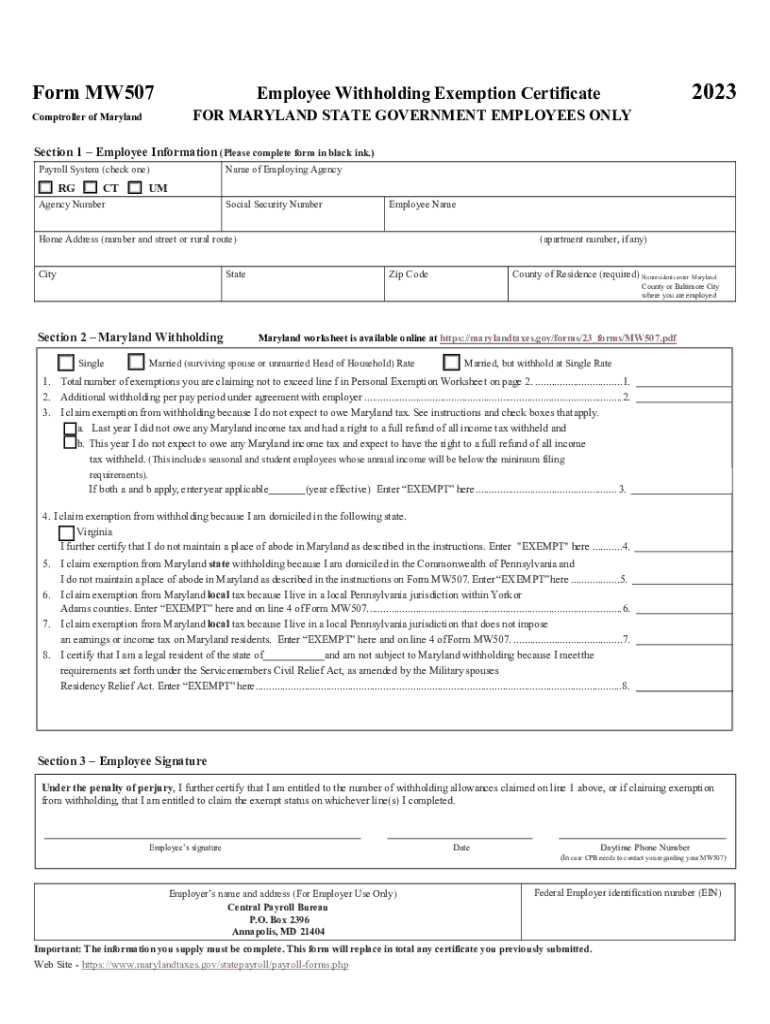  Maryland Form MW 507, Employee&#039;s Maryland Withholding 2023-2024