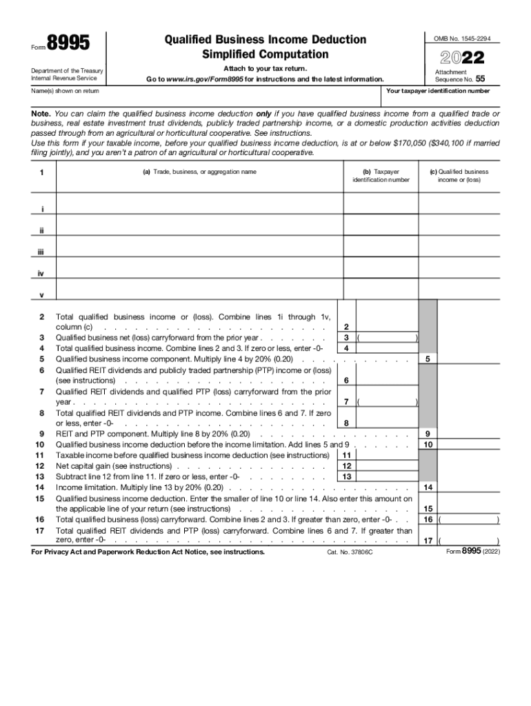  Form 8995 Qualified Business Income Deduction Simplified Computation 2022