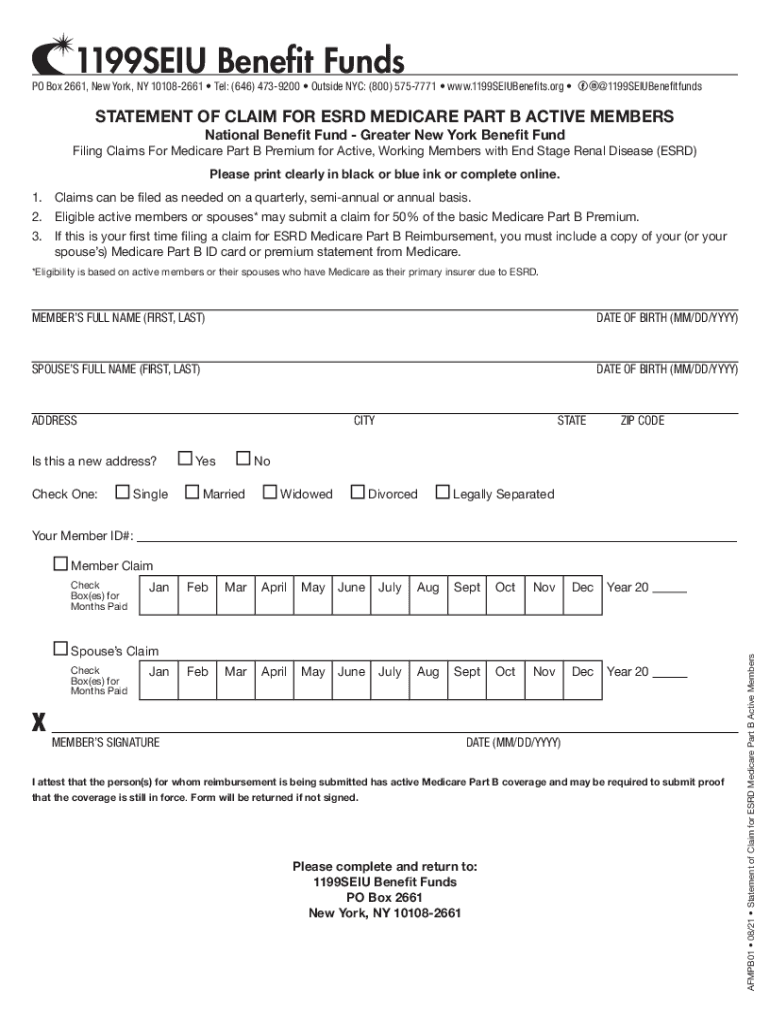 Statement of Claim for ESRD Medicare Part B Active Members1199SEIU Benefit Funds  Form