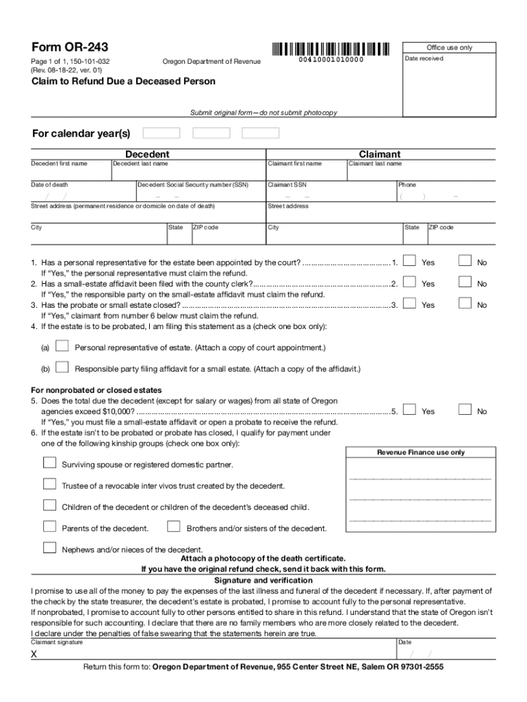  Form or 243, Claim to Refund Due a Deceased Person, 2022-2024